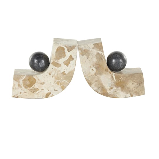 5" Brown Marble Arched Curved Bookends with Black Orbs, 2ct